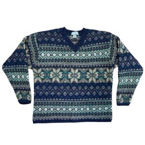 Vintage Fog Cutter Men’s 100% Wool Pullover Blue/Green Fair Isle Sweater Size XL